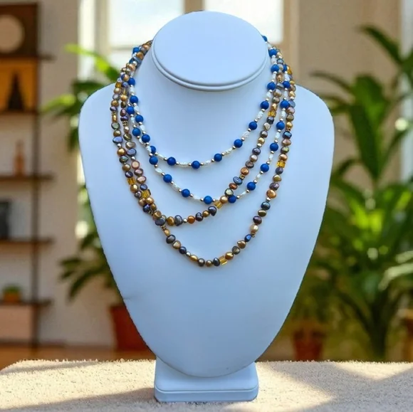 Blue Gemstone White Rice Pearl Gold Purple Peaco Pearl Beaded Necklace Bundle - Picture 3 of 16